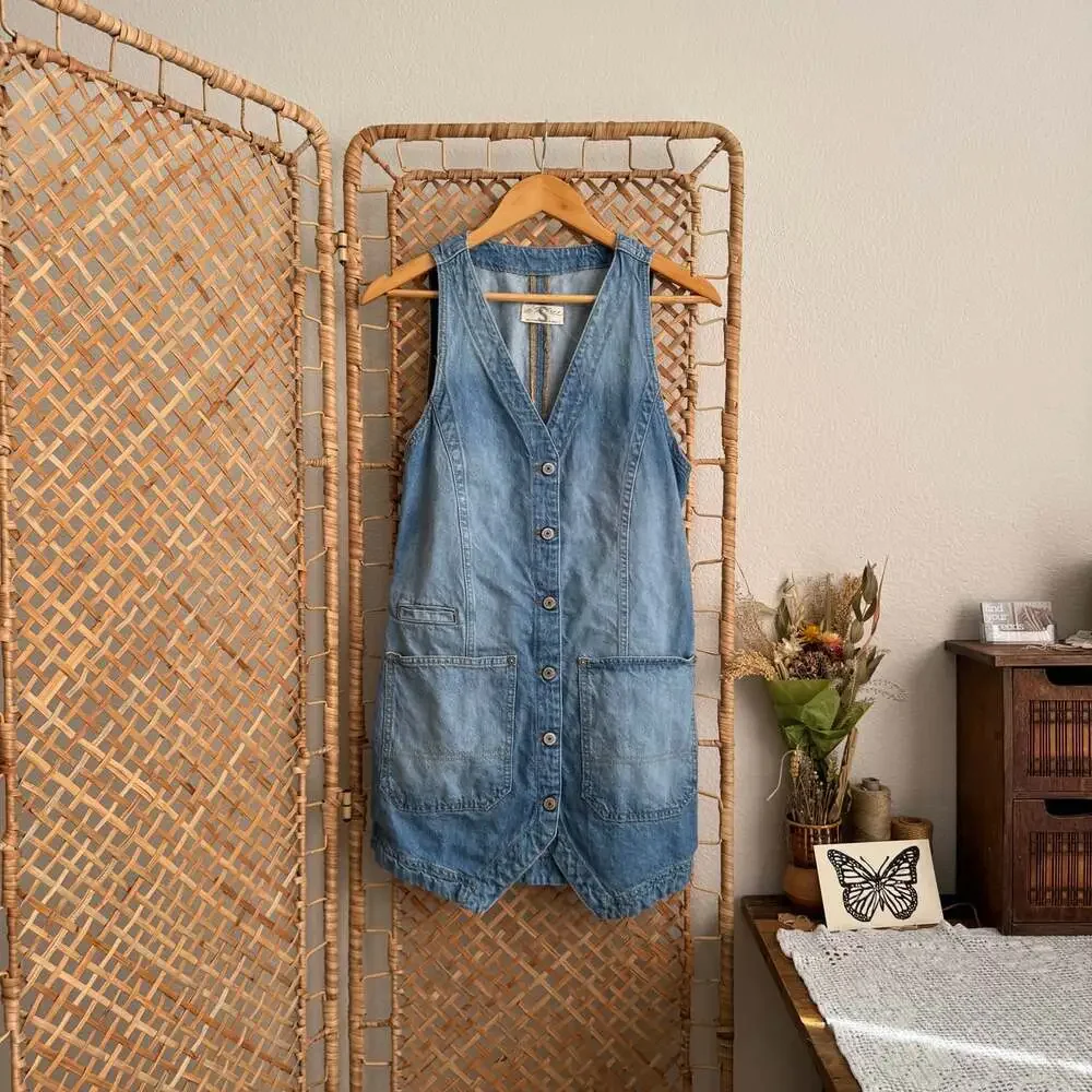 Free People Out of Office Blue Denim Buttoned Vest Dress XS Small